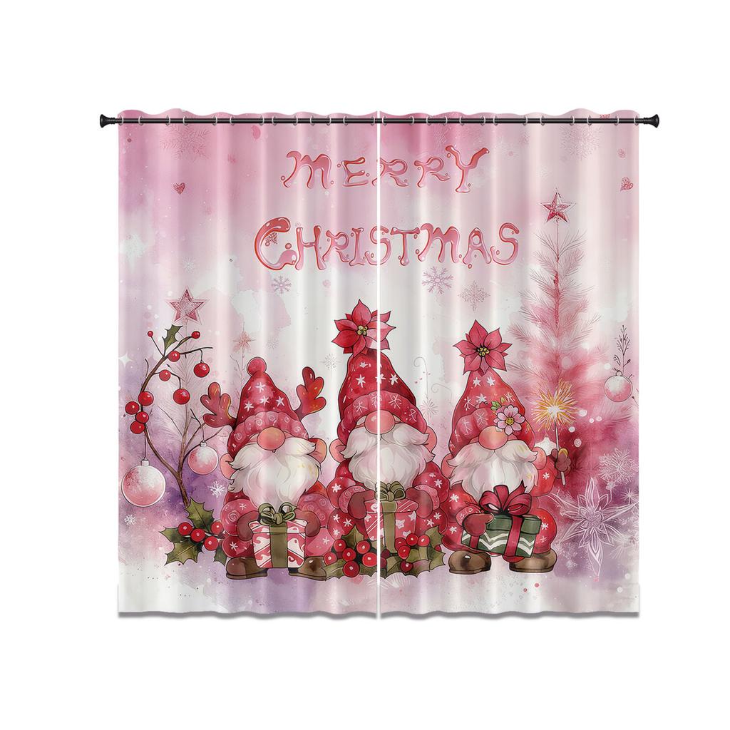 2Pcs Pink Romantic Christmas Merry Christmas Goblin Print Blackout Curtains Multi Size Living Room Insulation Holiday Decoration