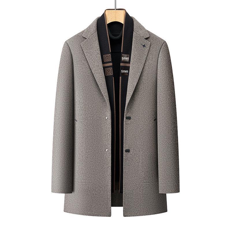 Men's Winter Wool Coat with Scarf Collar - Business Casual, Detachable Double-Sided Design, 90% Goose Down Liner