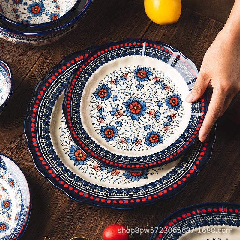 Posey Flower Hand Painted Underglaze Color Household Ceramic Dish Set Noodle Soup Large Bowl Spoon