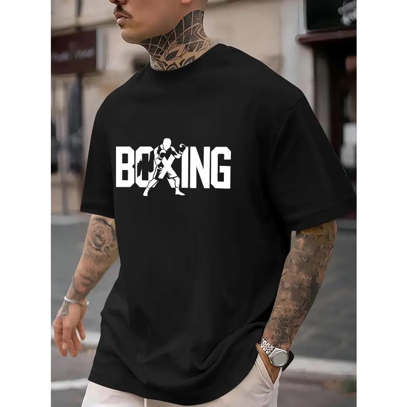 European Sizes Men's Big & Tall Boxing Print T-Shirts - Loose Fit Short Sleeve Casual Shirts with Boxer, Breathable