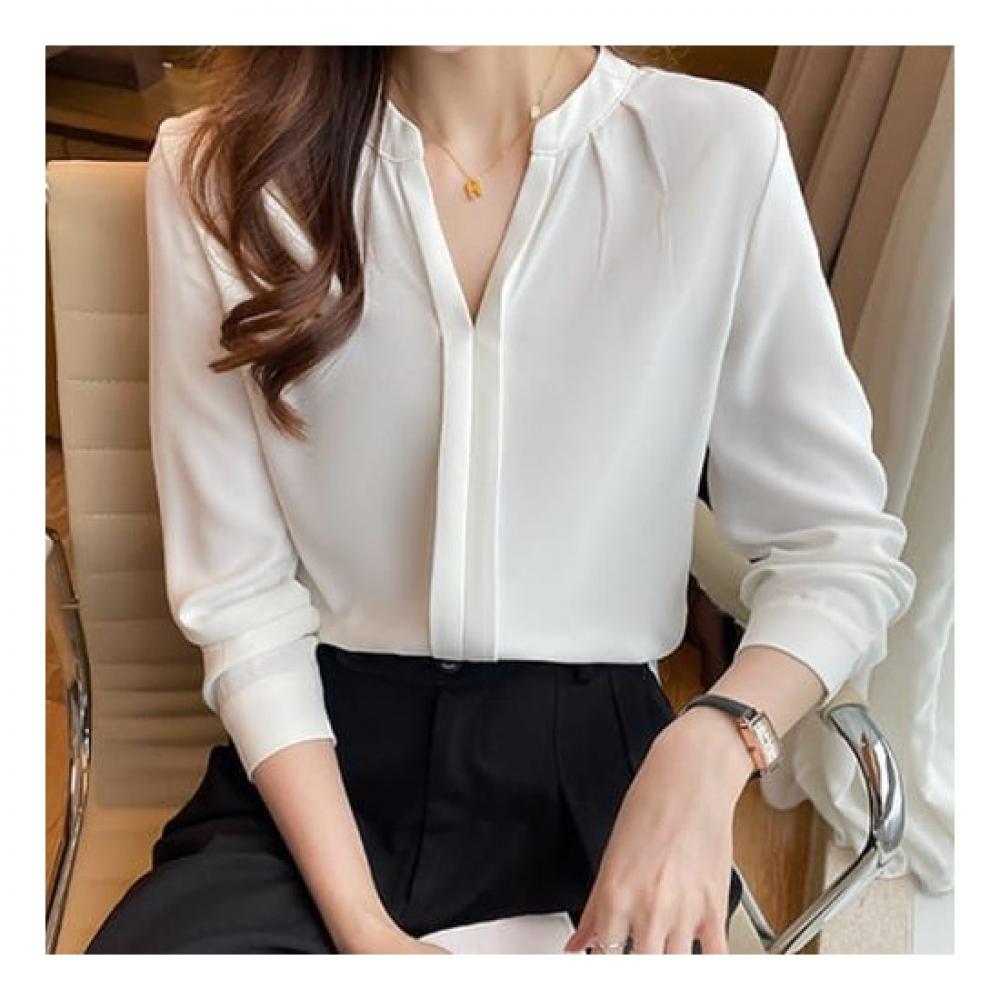 Navava Office Simple Solid Cut Neck Long Sleeve Shirt Nb2278