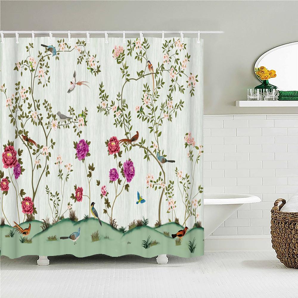 Chinese style Flowers Birds Shower Curtains Printed Bath Curtains Bathroom Waterproof Fabric With 12 Hooks Home Decor Screen