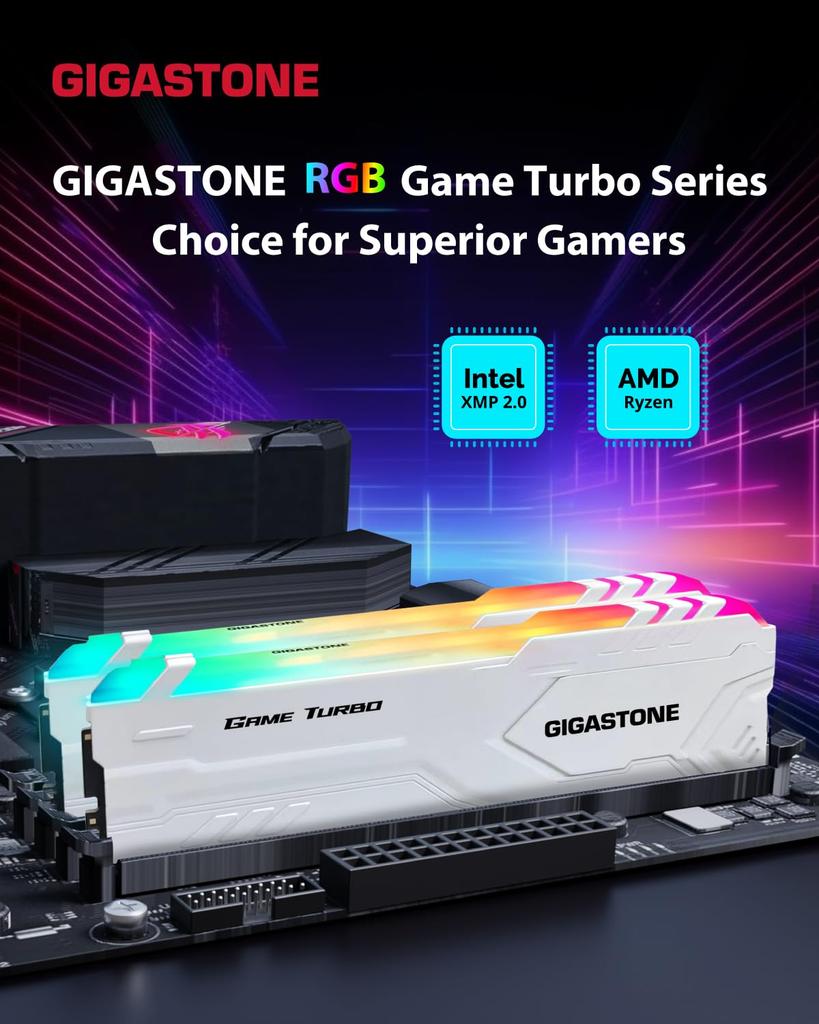 GIGASTONE Game TURBO 8GB x 4 DDR4 3200MHz CL Intel XMP AMD Ryzen UDIMM Unbuffered Gaming Desktop Memory Module White (32GB Kit) PC4-25600 16-18-18-40