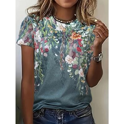 Women'S Vintage Floral Print Short Sleeve T-Shirt - Soft Breathable Fabric, Relaxed Fit Round Neck Casual Top