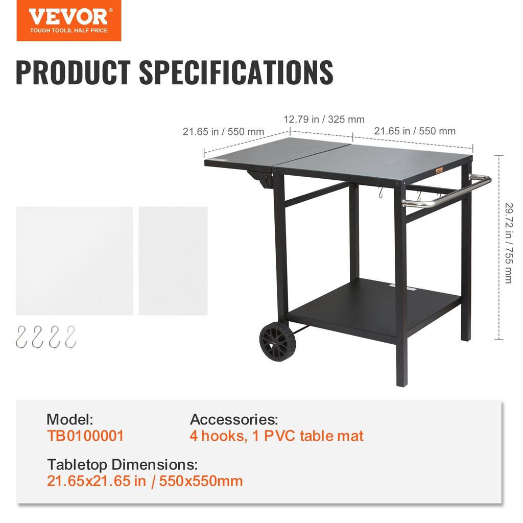 VEVOR Outdoor Grill Dining Cart with Double-Shelf, BBQ Movable Food Prep Table, Multifunctional Foldable Iron Table Top