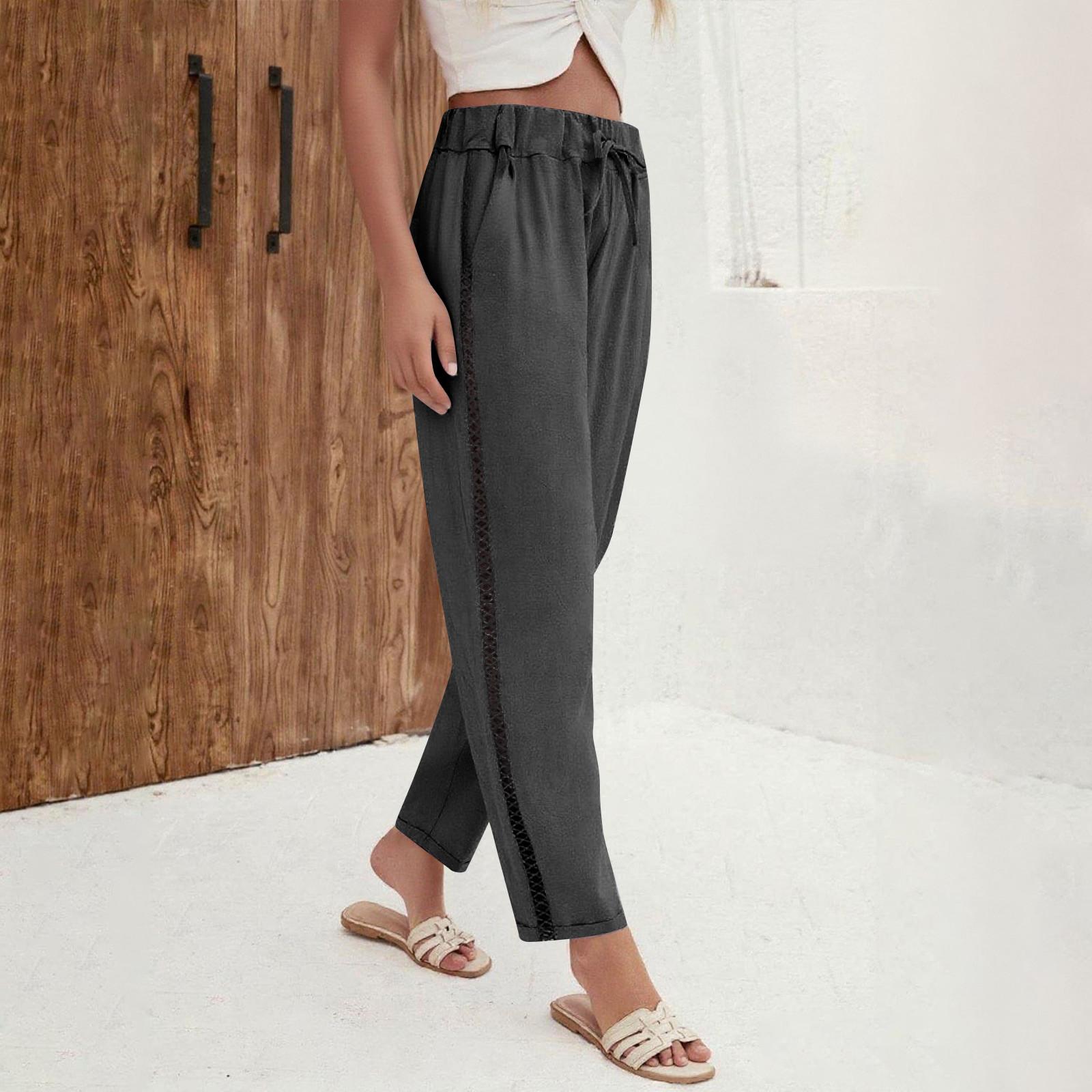 

Хлопково-льняные брюки для женской моды, повседневные брюки с кружевной отделкой, однотонные брюки на кулиске, пляжные брюки S