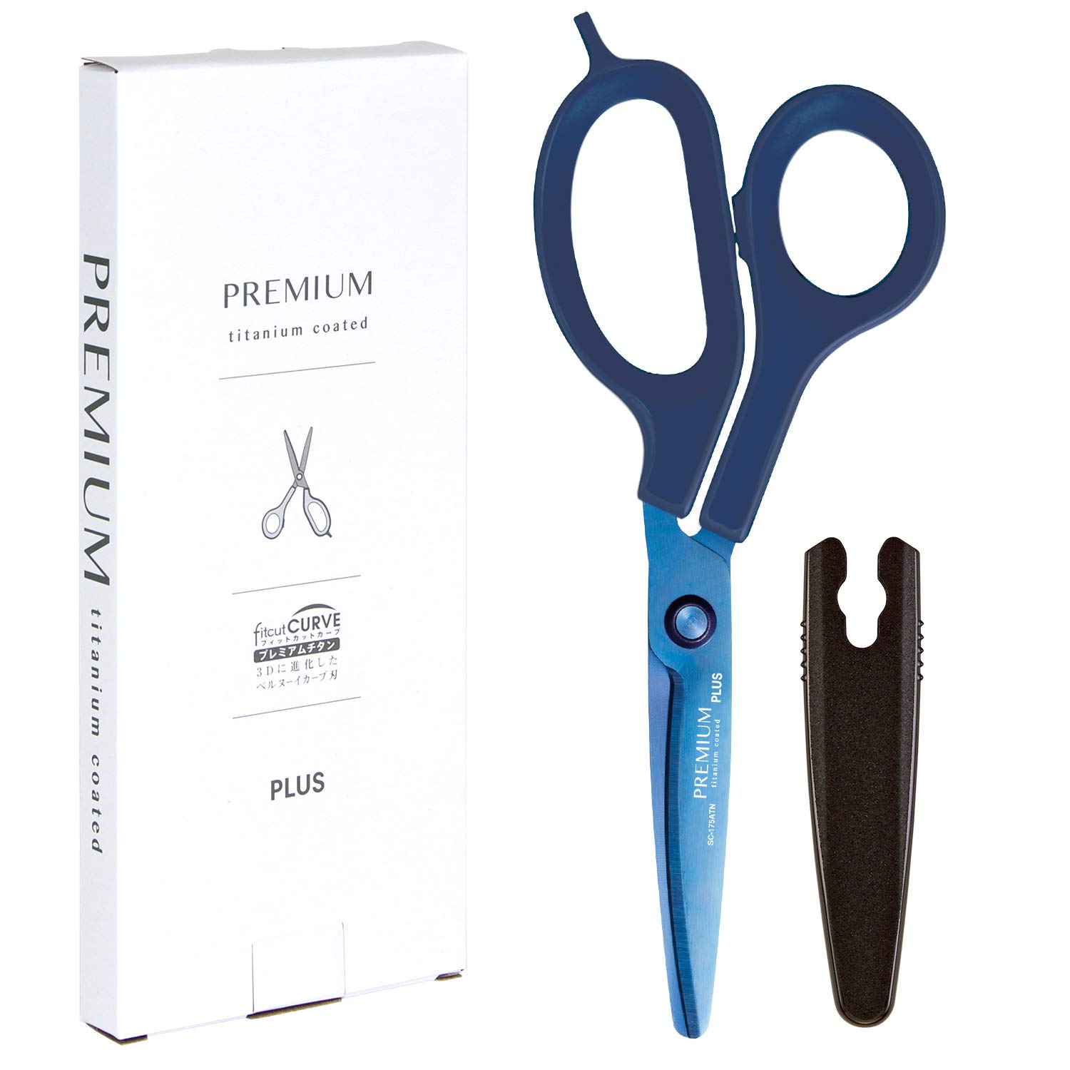 

Plus Curved Titanium Scissors 35-725 Stain Rust Resistant Non-Stick 30° Sharpness Navy Paper Box Packaging