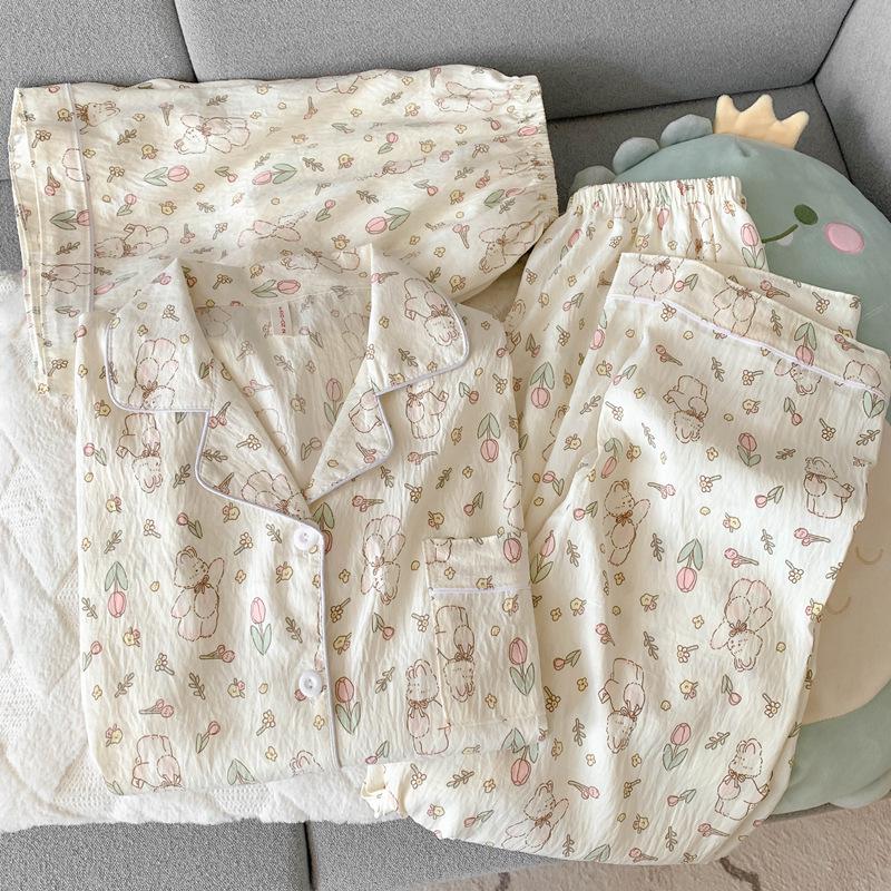 Blue Bear Women's Summer Cotton Pajama Set - Short-Sleeved, Cute Cartoon Design, Three-Piece Loungewear.