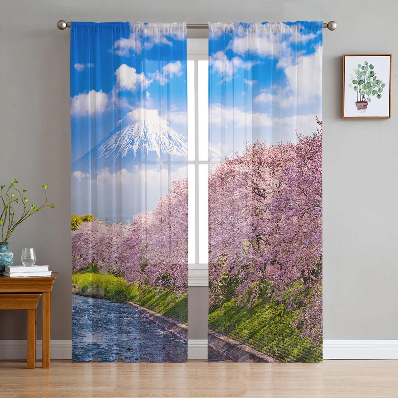 Japan Berg Fuji Kirschblüte Transparente Vorhänge für Wohnzimmerdekoration Fenstergardine Küche Tüll Voile Organza Drapierungen W135 x H115cm x1&Grommet Top