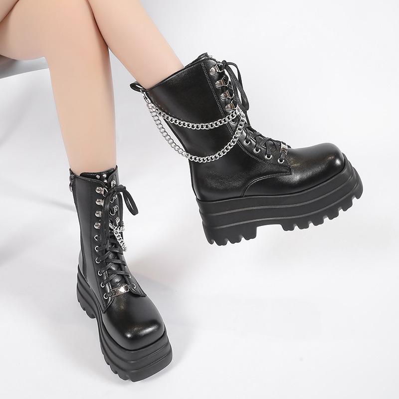 Women'S Plus Size 42 43 High Boots Fashion Platform Sole Comfortable Side Zipper Design Chunky Heel Chain Details Mid Calf Boots
