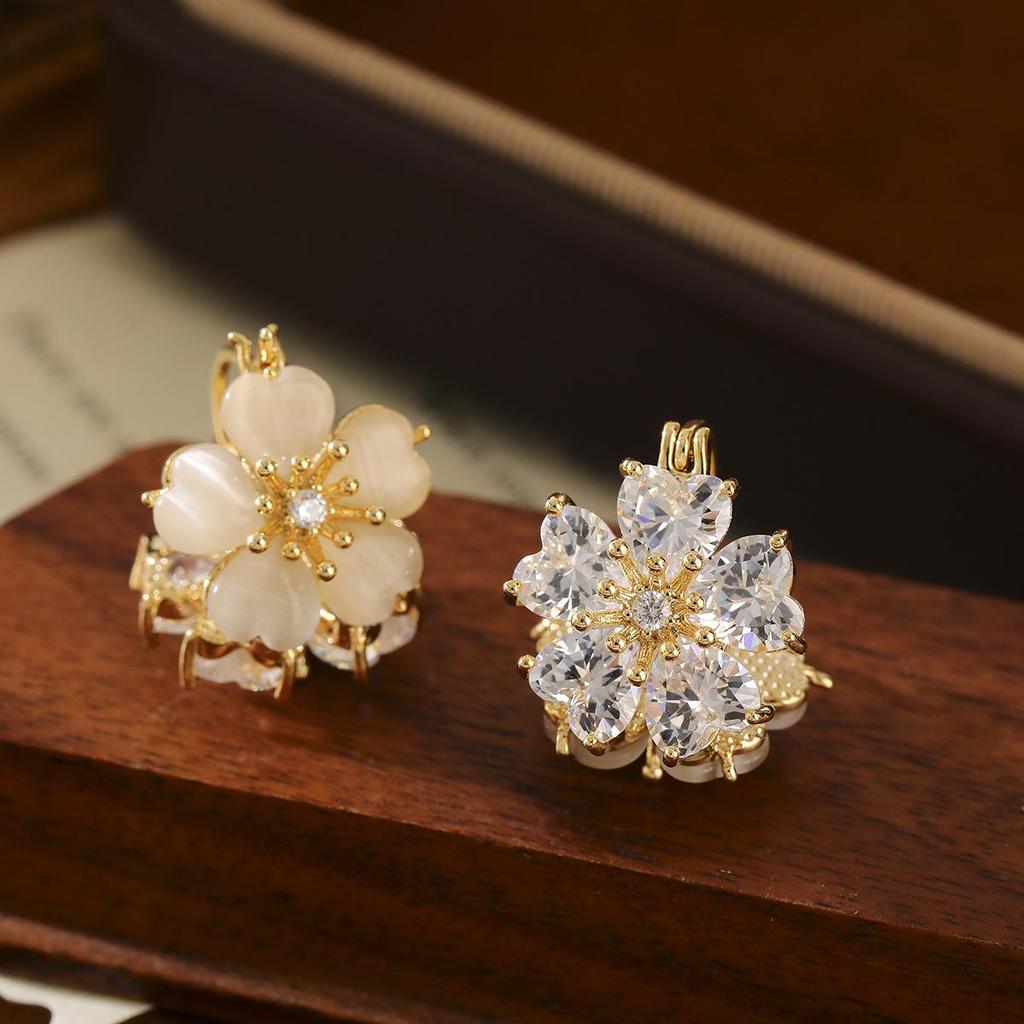 Double-Sided Zircon Cat Eye Flower Earrings, 16K Gold Plated, Super Shiny Versatile Jewelry