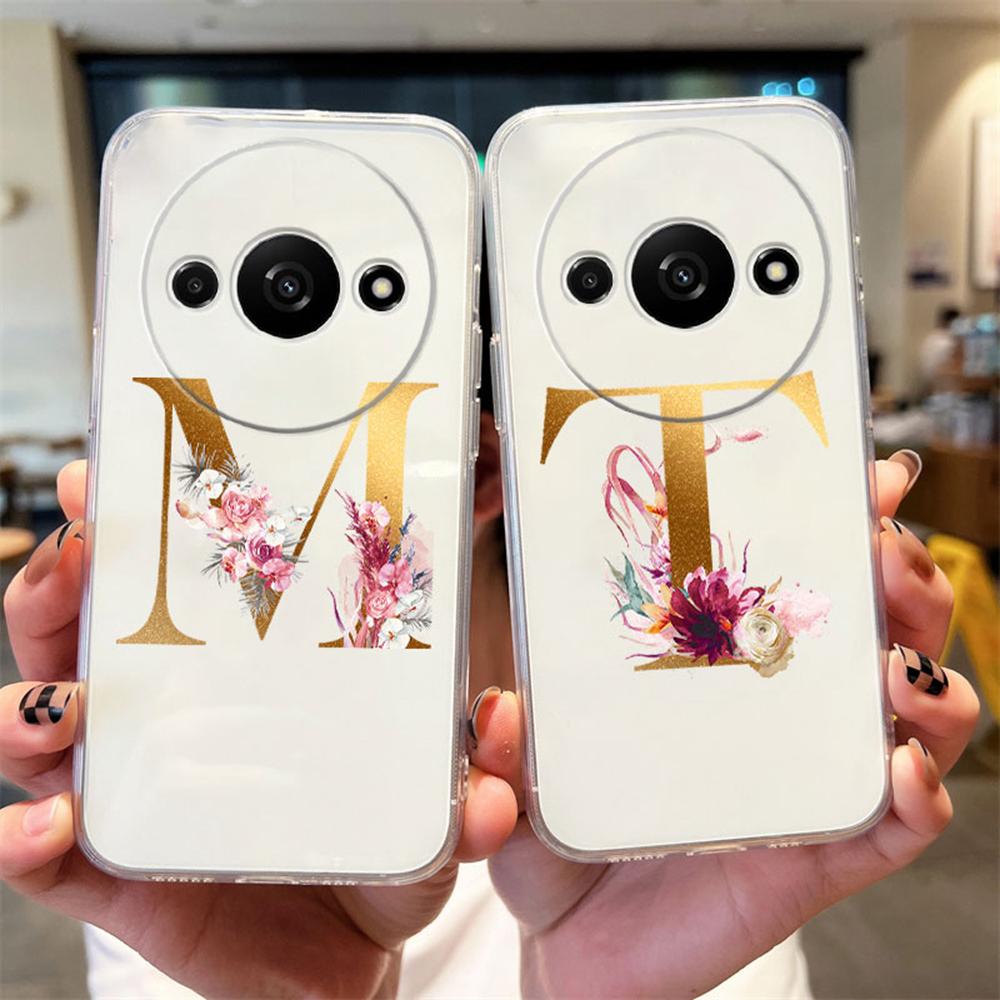 Phone Case For Xiaomi Redmi A3 Redmia3 Transparent Silicone Camera Protection Colorful Flowers Golden Letters A-Z Clear Cover