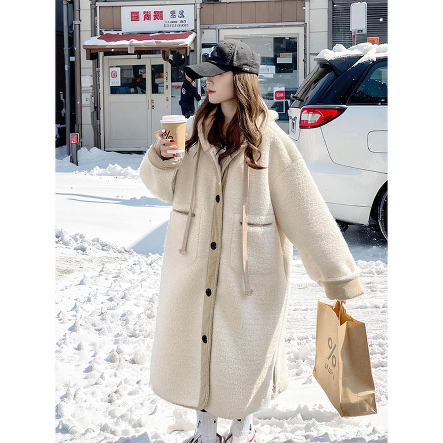 Jasnoszary Płaszcz Damski Zimowy Jesienny z Kapturem ze Sztucznego Futra Luźny Lenistwo Średniej Długości Bawełniany Gruba Pluszowa Kurtka Modny