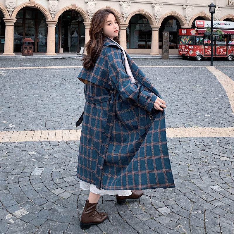 Autumn Winter Women Fashion Long Coats Vintage Plaid Female Loose Windbreaker Casual Street Lady Jackets Outwears
