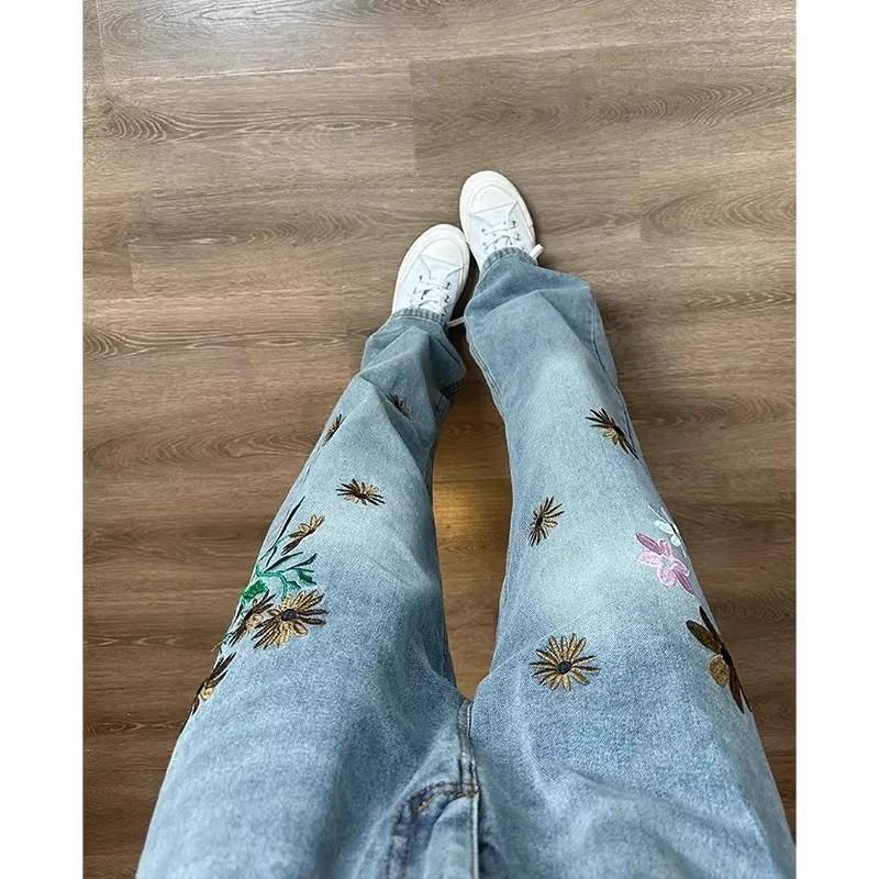 Cleanfit Floral Embroidered Jeans Men Women Slim Flared Streetwear Denim Pants