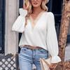 Mote Langt Utsvinget Erme Bluse Høst Vinter Kontordame Blonder V-hals Dame Topper Casual Ensfarget Løse Klær 28103