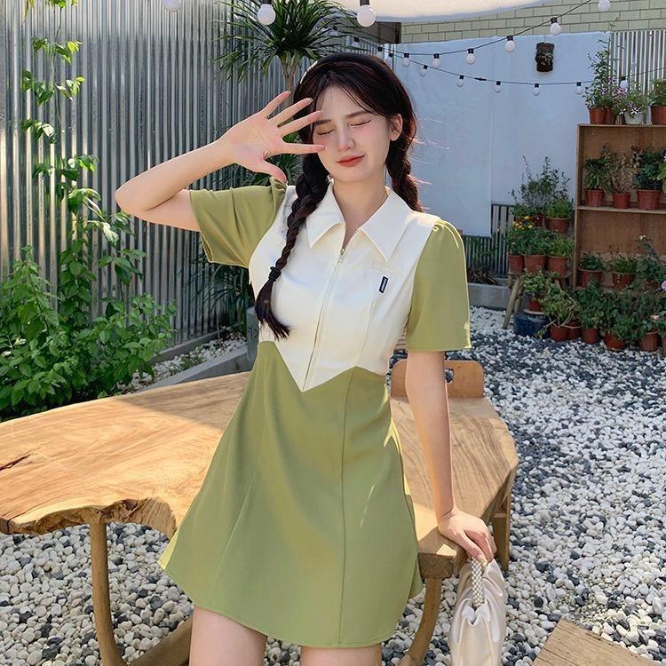 Chic French Waist Dress Summer Women Polo Collar Gentle Wind