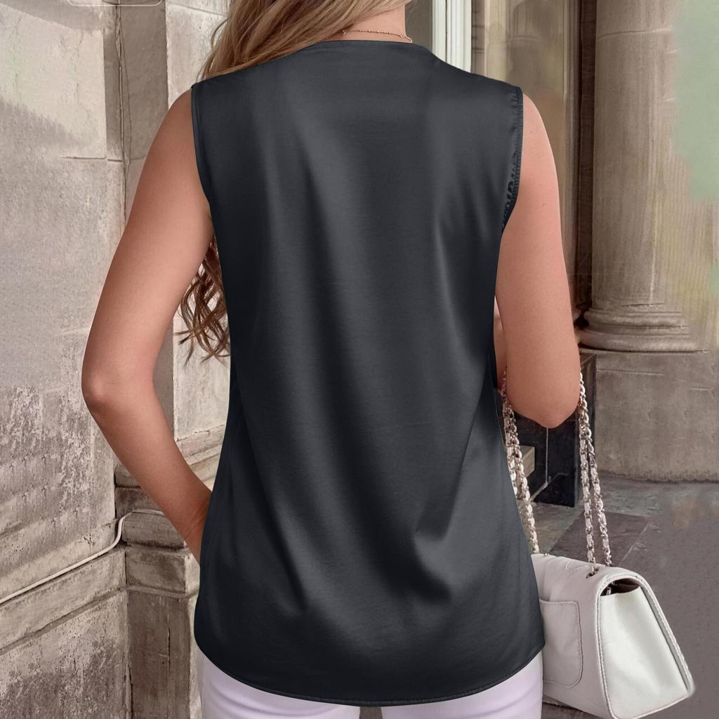Women's Sleeveless Satin Blouse V Neck Pleated Front Casual Top Lightweight Soft Fabric Office Wear