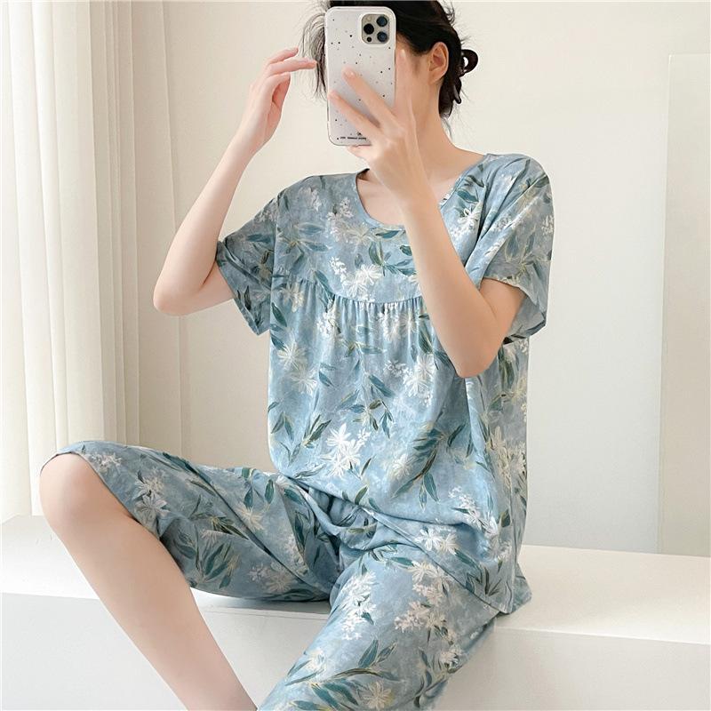 1011 Spring and Autumn Short Sleeve New Printed Pajama Set Summer Thin Sweet Floral Loose Loungewear