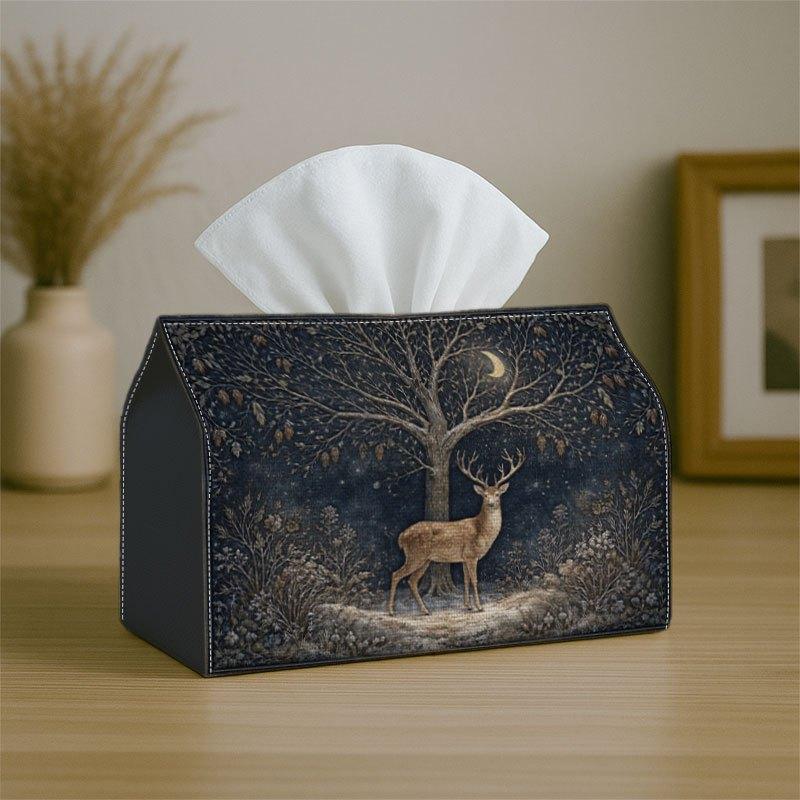 2D Flat 1pc Moonlit Deer Forest Tissue Box- Winter Night Land Print Fabric for Home, Office, Car, Party- Space-Saving Napkin Holder Organizer- Holiday