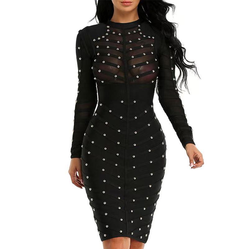 European Rivet Mesh Long Sleeve Bandage Dress - Elegant Ladies Skirt Large чёрный