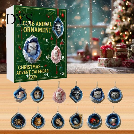 Christmas Advent Calendar Geode Animal 2025 2D Acrylic Forest Animals Tree Hanging Charms Xmas Ornaments 12 Days Countdown for Holiday Decor Gifts