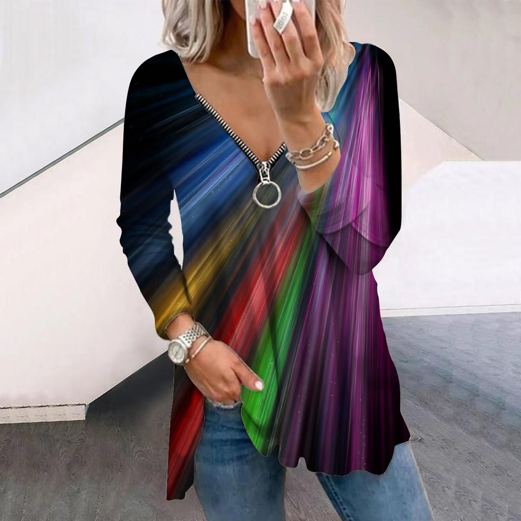 Women Autumn Gradient Colored Light Printed Long Sleeve T-Shirts Loose V-Neck Plus Size Tee Shirt Tops Comfy Blouse