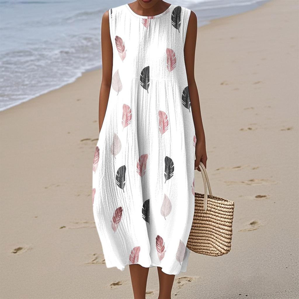 Mote dame avslappet ermeløs rund hals blomsterprint elegant temperament kjole