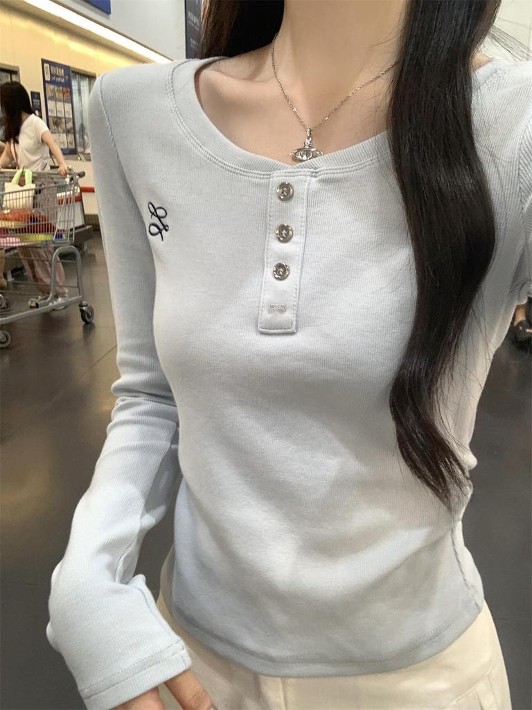 Korean Style Buttoned Round Neck Long Sleeve Slim Fit Apricot T-shirt for Women - Autumn 2025
