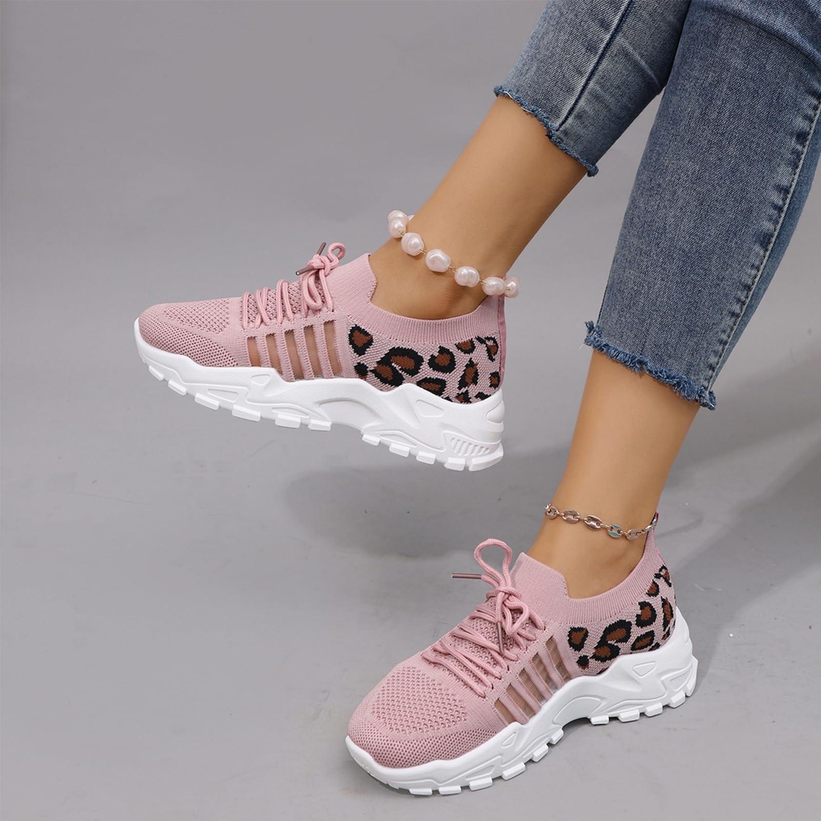 

Women Trainers Sports Running Shoes Walking Shoe Knit Mesh Breathable Leopard Print Jogging Shoes 41
