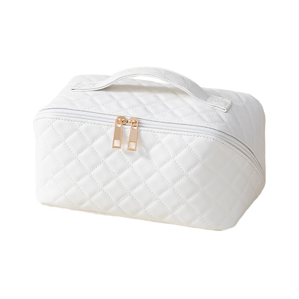 

PU Cosmetic Bag Large Capacity Plaid Makeup Box Sticker for Female Summer Travel білий