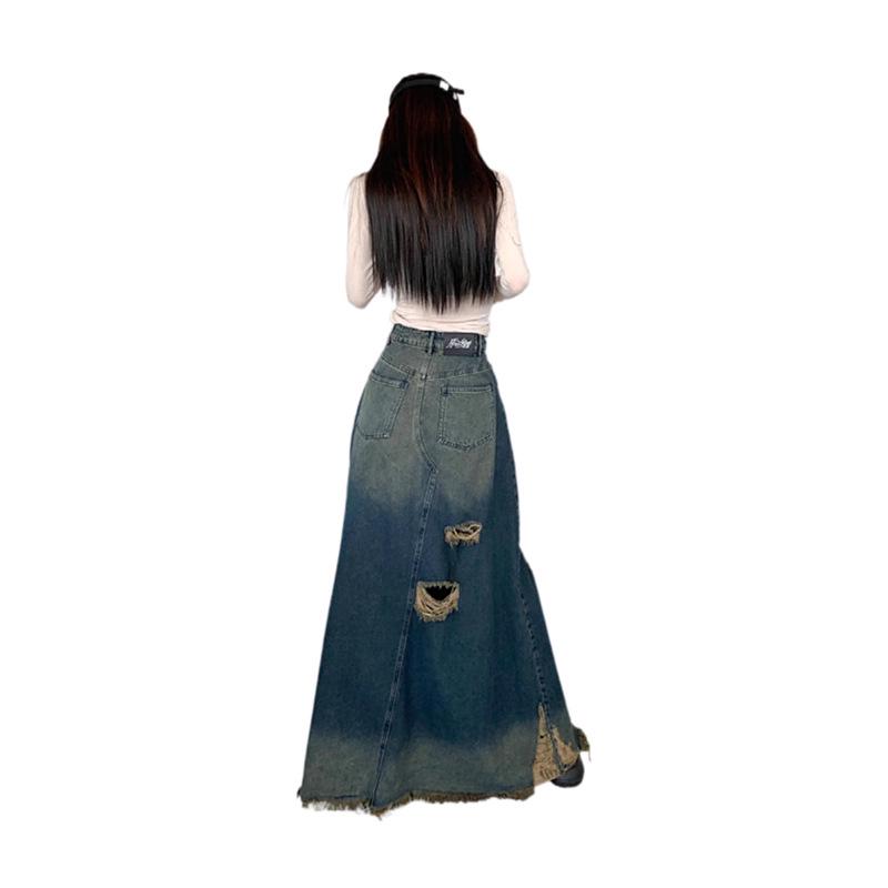 American Retro Plus Size Ripped Denim Midi Skirt for Women - High Waist, Slimming, Niche Design