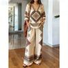 Bohemian Print Cotton and Linen Shirt Long-sleeved Wide-leg Pants Two-piece Set V-neck Vacation Loose Casual Suit Women