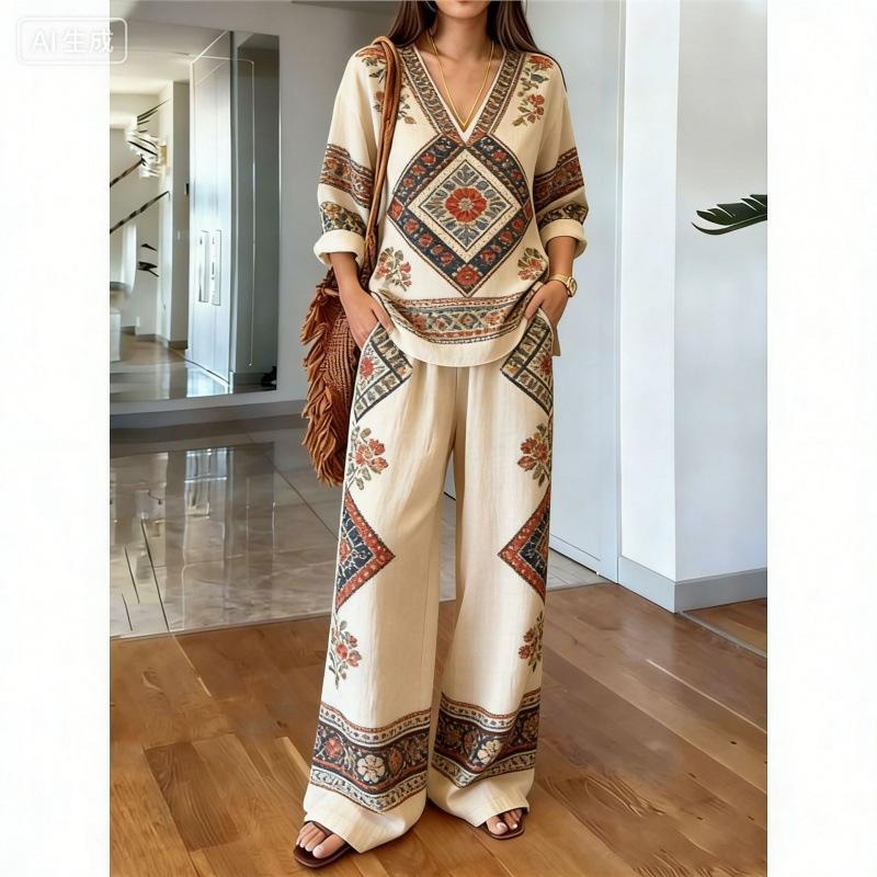 Bohemian Print Cotton and Linen Shirt Long-sleeved Wide-leg Pants Two-piece Set V-neck Vacation Loose Casual Suit Women