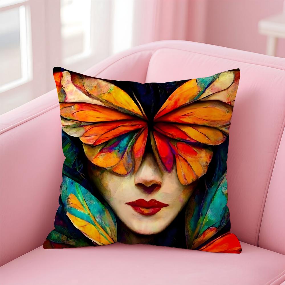 Square Bright Color Flower Girl Cushion Cover Pillow Case Soft Skin Friendly Fabric  Concealed Zipper