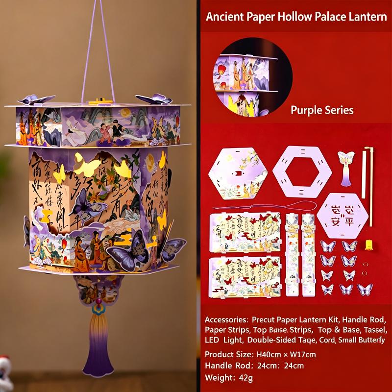 Handheld Traditional Chinese Paper Lantern DIY Material Kit with LED Light for Mid-Autumn Lantern Festival Decor