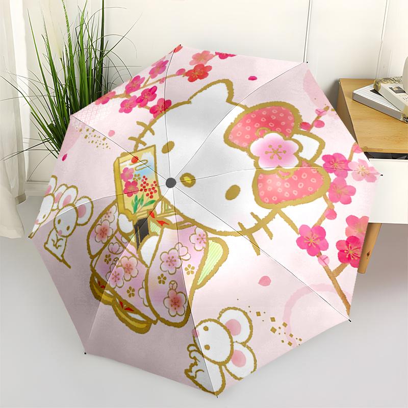 

1pc Hello Kitty Cherry Blossom Kimono with Automatic Open/Closed Umbrella, Portable Tri-Fold Design, 8-Bone Iron Frame, Outdoor Umbrella, Festival Gif