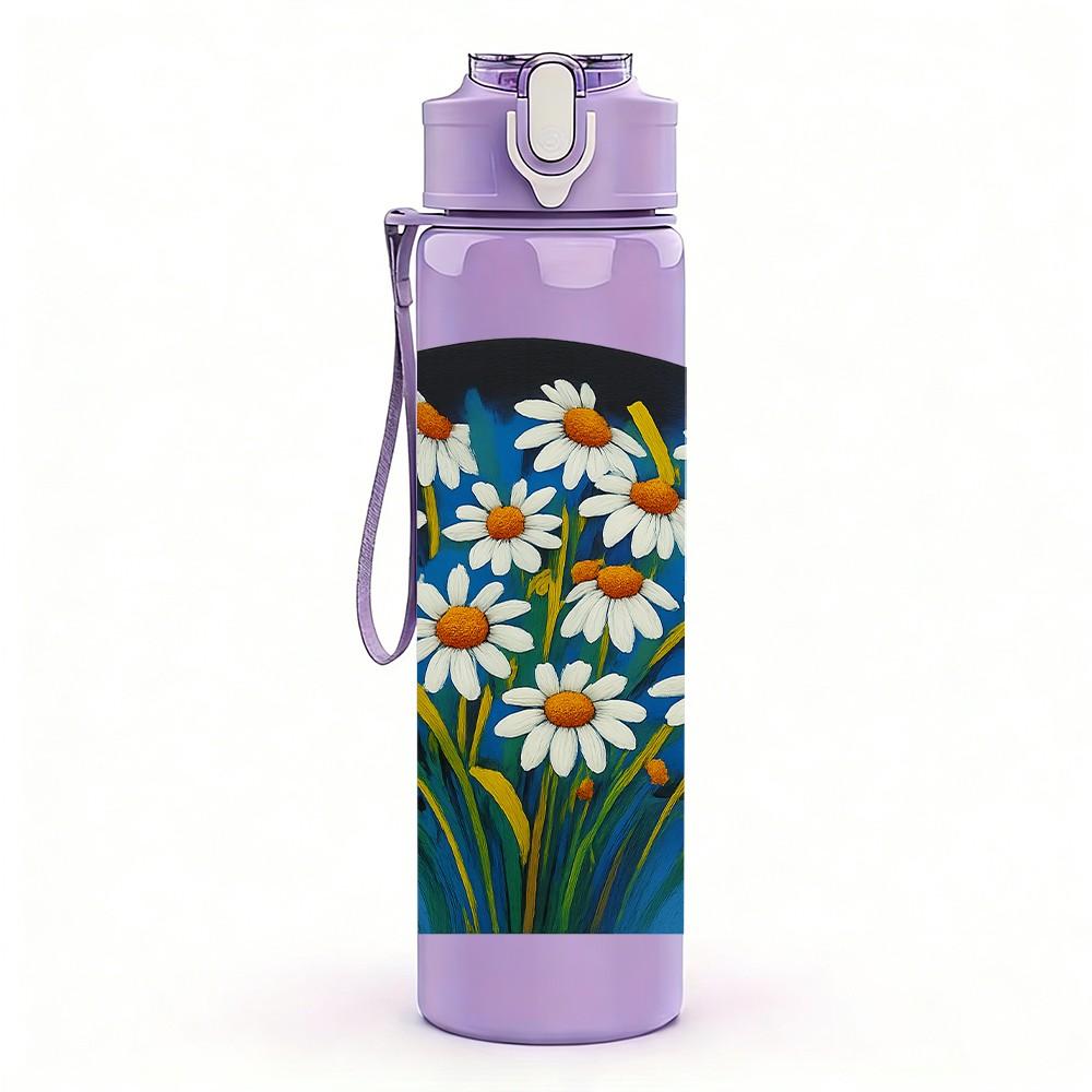 1PC Daisy Flower Window Frame Print 750ml Color Plastic Sports Water Bottle Leakproof Flip Straw Lid Suitable for Sports Office Home Use