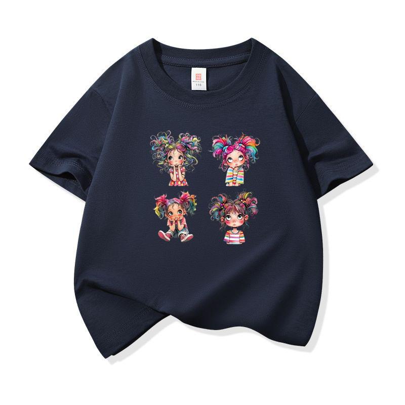 Rainbow Pigtail Girl Graphic Tee Kids 100 Cotton Crew Neck Casual T Shirt Short Sleeve Breathable Tops For Boys Girls Children
