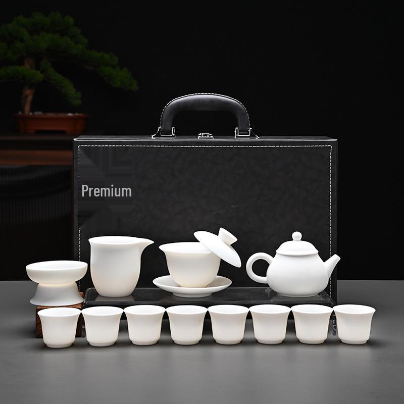 Kung Fu Mutton Fat Jade Gaiwan Teapot Set - Gold-Painted Luxury Tea Set