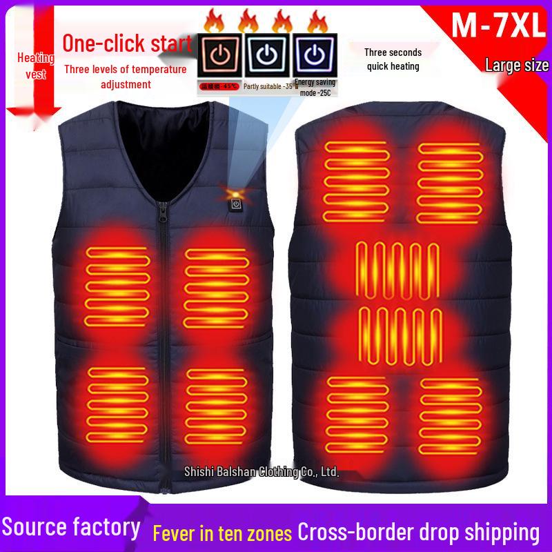 Unisex Ten-Zone USB Heated V-Neck Vest, Down Cotton Electric Heating Jacket