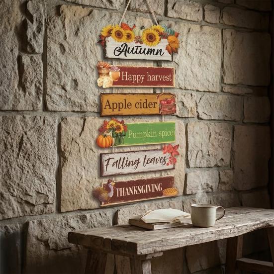 Rustic Fall Wall Decor, Vintage Wooden Hanging Sign with Sunflower, Pumpkin & Maple Leaf for Autumn Harvest Thanksgiving Home Decoration, Indoor