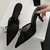 Eilyken Elegant Mesh Fabric Butterfly-knot Pointed Toe Mule Women Slippers Sexy Thin High Heels Party Prom Shoes