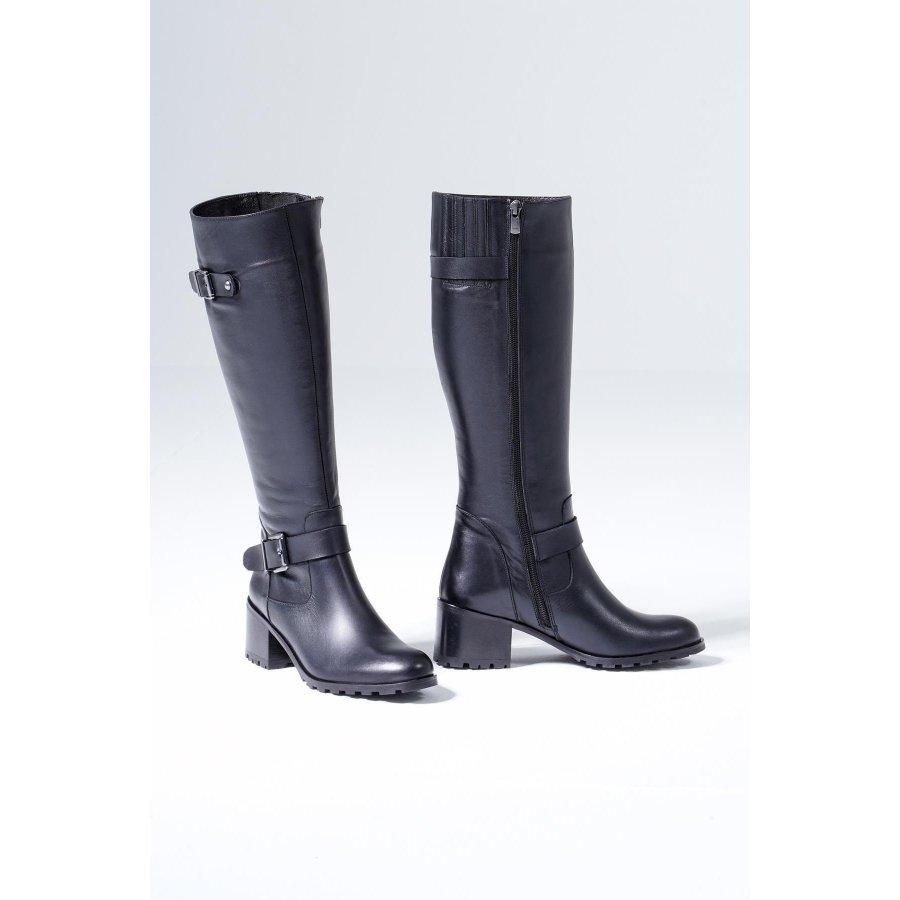 Kniehohe Damenstiefel aus echtem Leder mit Schnalle und mittlerem Absatz