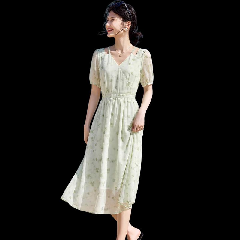 Elegant Floral Hollow-Out Twist Knit Chiffon Midi Dress