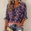 Women's Vintage Floral Print Blouse with Tie Neck and Ruffle Three-Quarter Sleeves