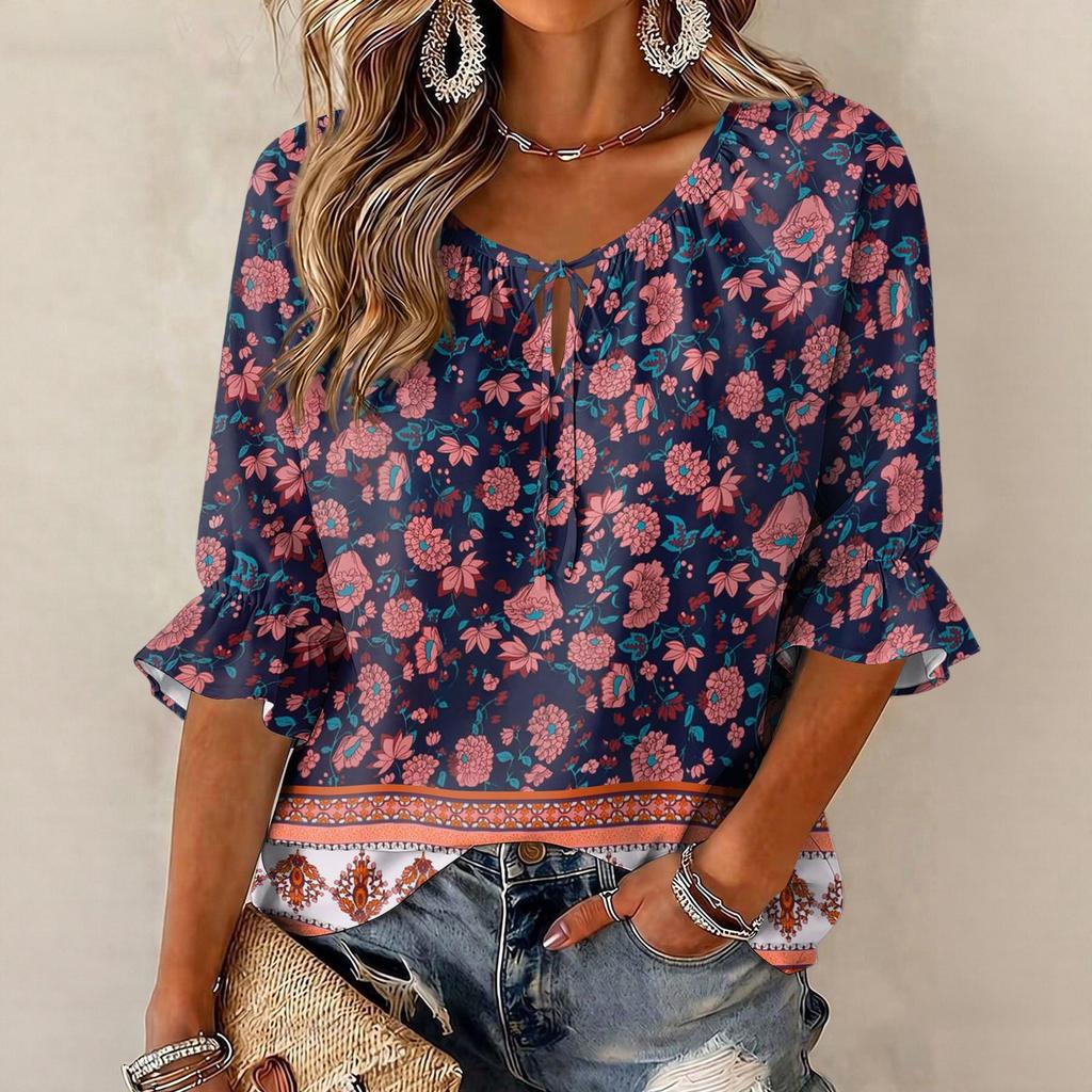 Women's Vintage Floral Print Blouse with Tie Neck and Ruffle Three-Quarter Sleeves