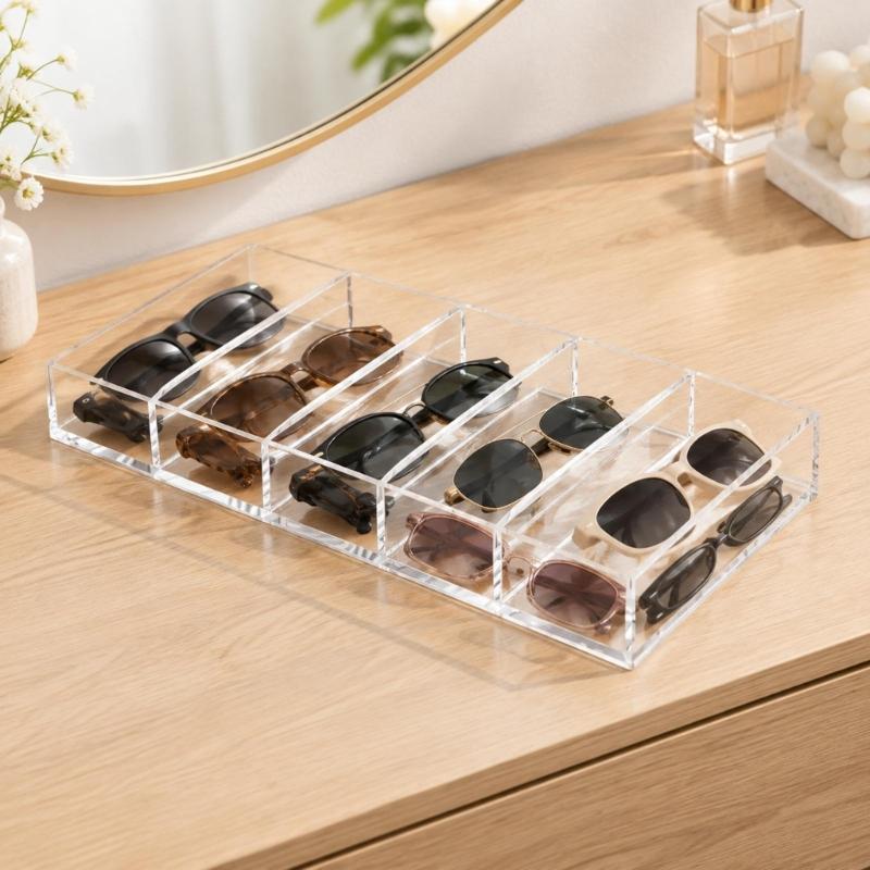 Clear Acrylic Eyeglasses Tray with 6 Separate Compartment for Visible Storage in Closets, Entryway Cabinets, or on Dressing Tables