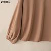 VONDA Elegant Women Outfits Puff Sleeve Blouse and Zip-up Trousers Casual Two Piece  Sets