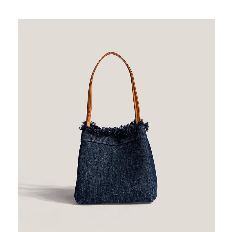 New Trendy Niche Design Denim Splicing Versatile Hand-held Women's Bag Casual Canvas Vegetable Basket Bucket Bag